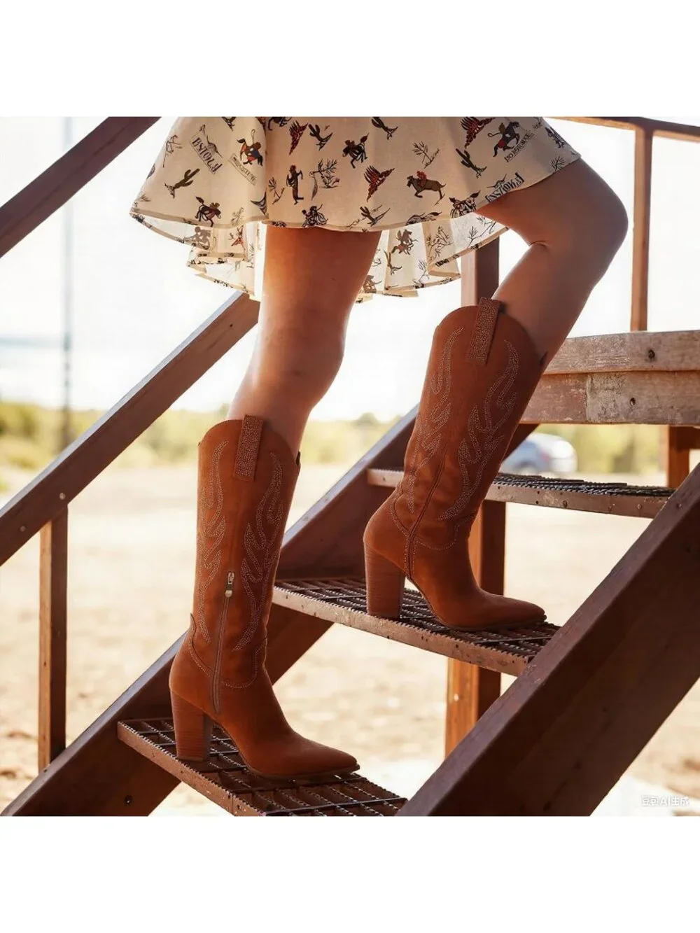 Women's Brown Suede Embroidered Rhinestone Wide Calf Side Zipper Cowgirl Boots